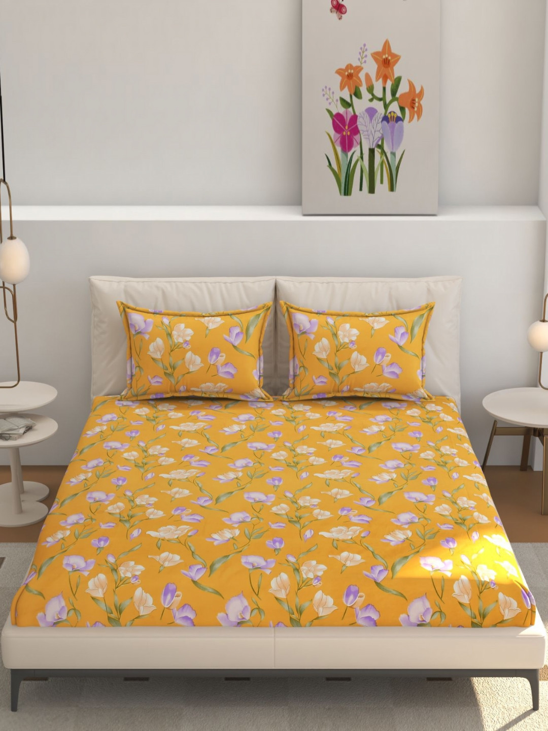 REALDREAM Presents Luxurious Yellow Floral Cotton 300 TC Fitted King Fine Bedsheet with 2 Pillow Covers-108 x 108 inches