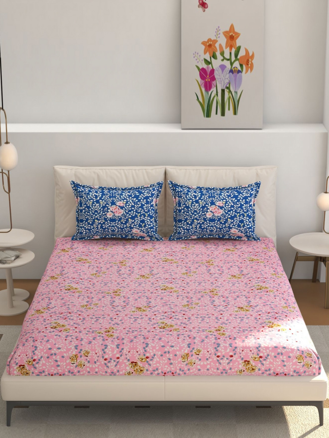 REALDREAM Presents Luxurious Pink Floral Cotton 300 TC Fitted King Fine Bedsheet with 2 Pillow Covers-78 x 72 inches