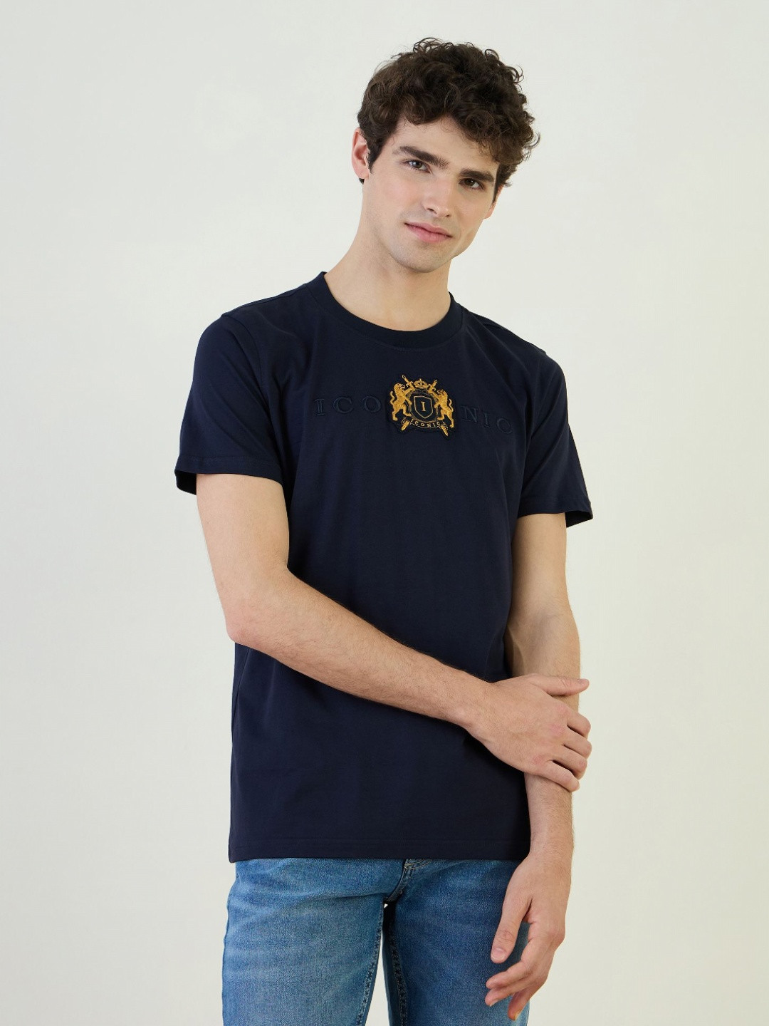 Iconic Brand Logo Printed Round Neck Short Sleeves Cotton T-shirt