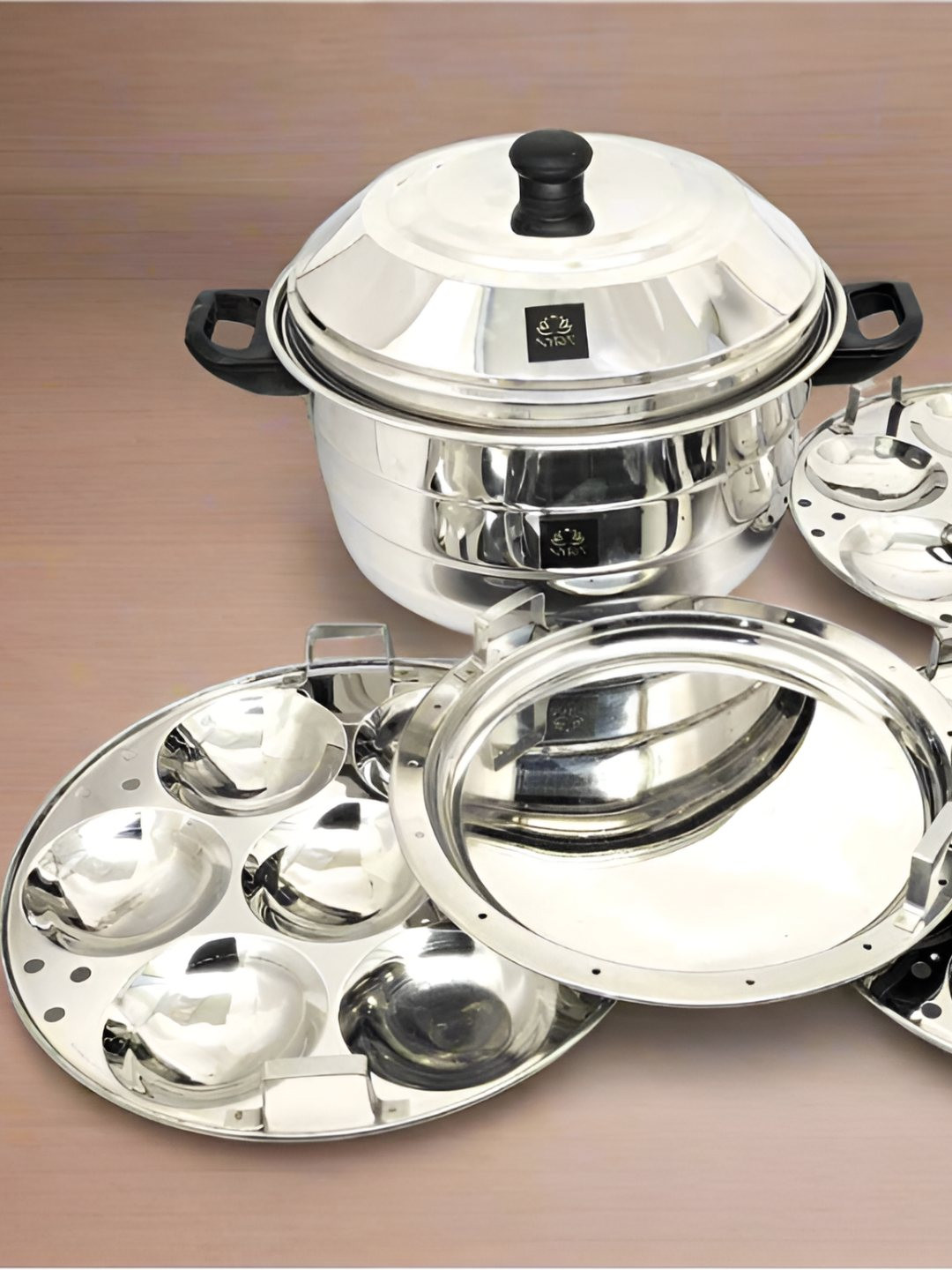 Nyra Kitchenware Steel & Black Stainless Steel Dishwasher Safe Idli Maker