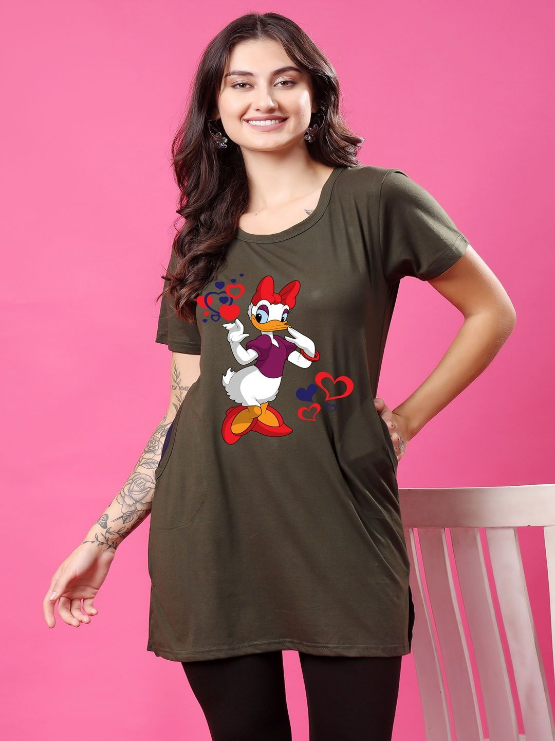 SWIFTLY Women Daisy Duck Bio Finish Graphic Printed Round Neck Cotton Oversized T-shirt