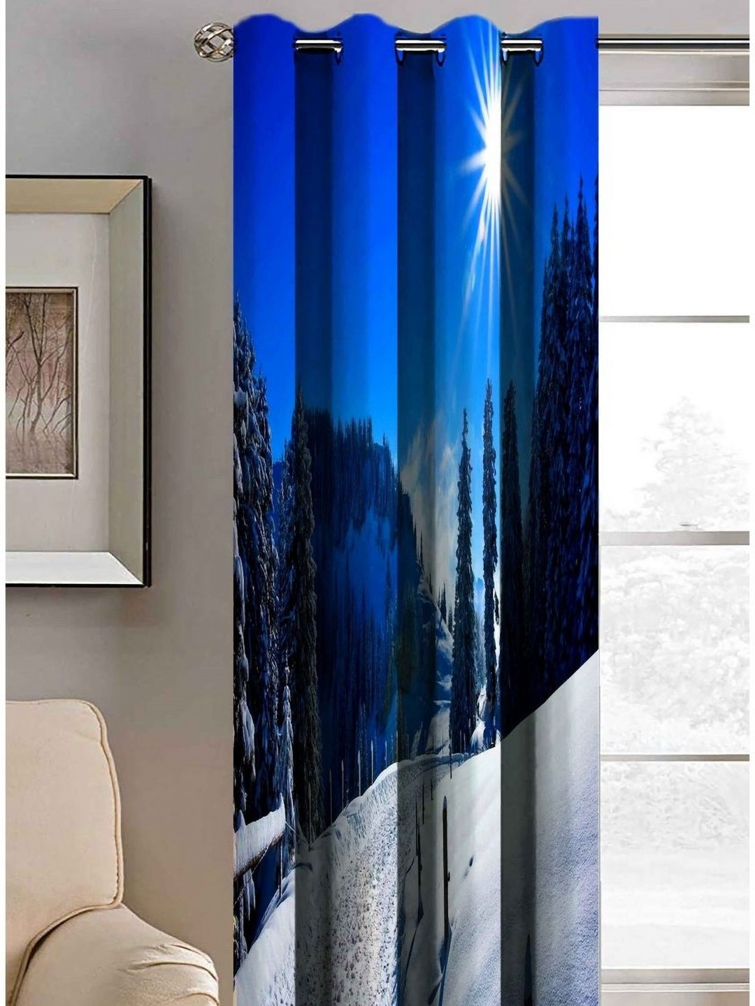 Aura Navy Blue & White Snow Area Printed Light Blocking Window Curtain