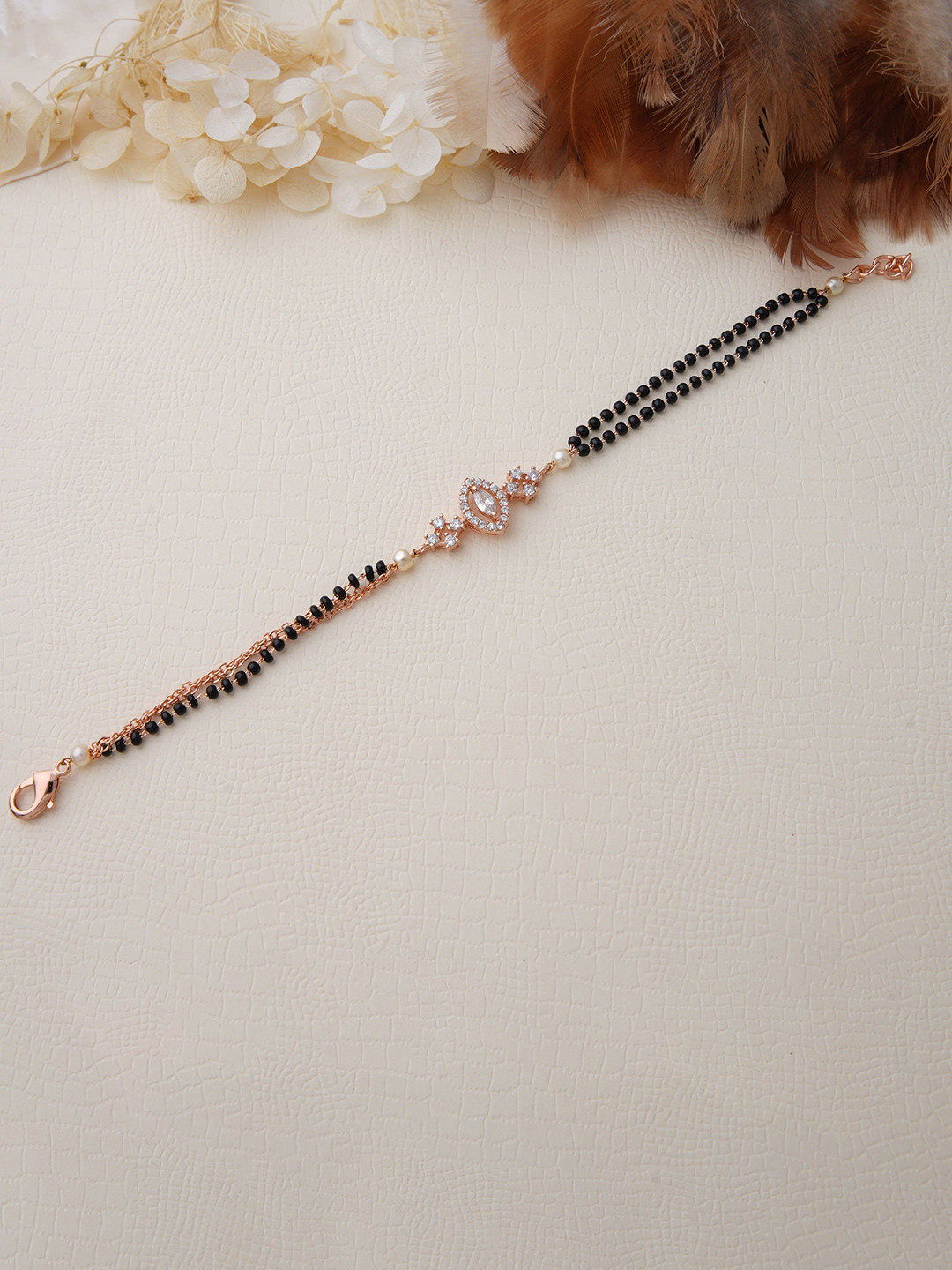 SWASHAA Ilahi Solitaire Rose Gold-Plated Stone Studded & Beaded Mangalsutra Bracelet