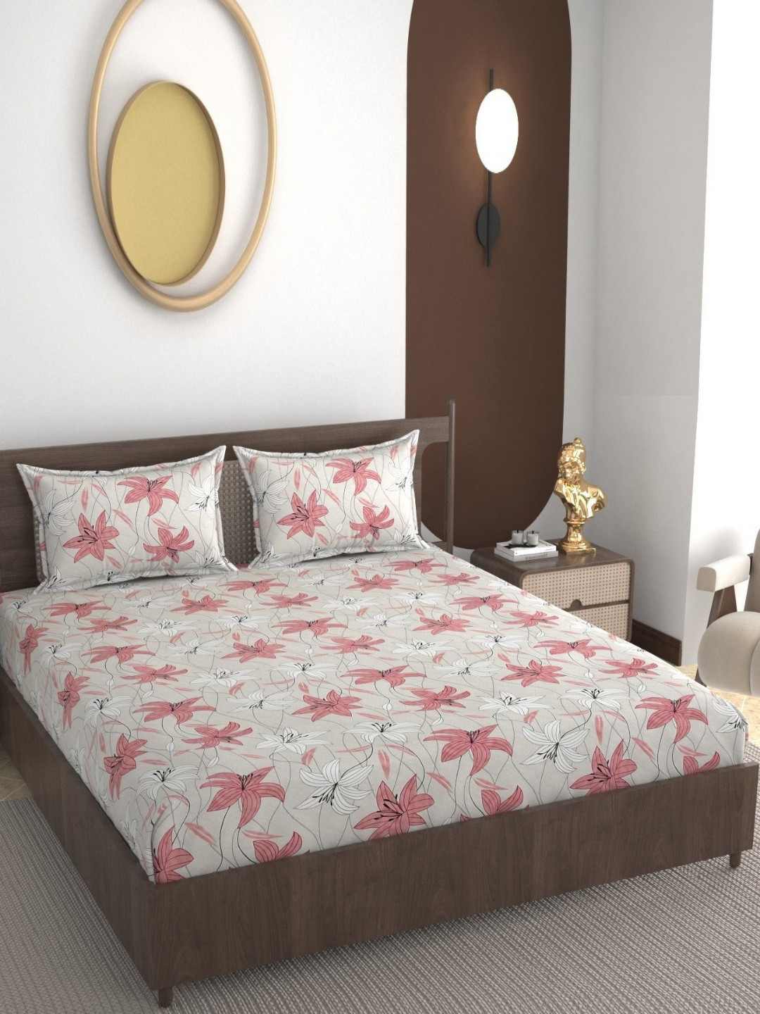 REALDREAM Presents Luxurious Beige Floral Cotton 300 TC Fitted King Fine Bedsheet with 2 Pillow Covers-78 x 72 inches