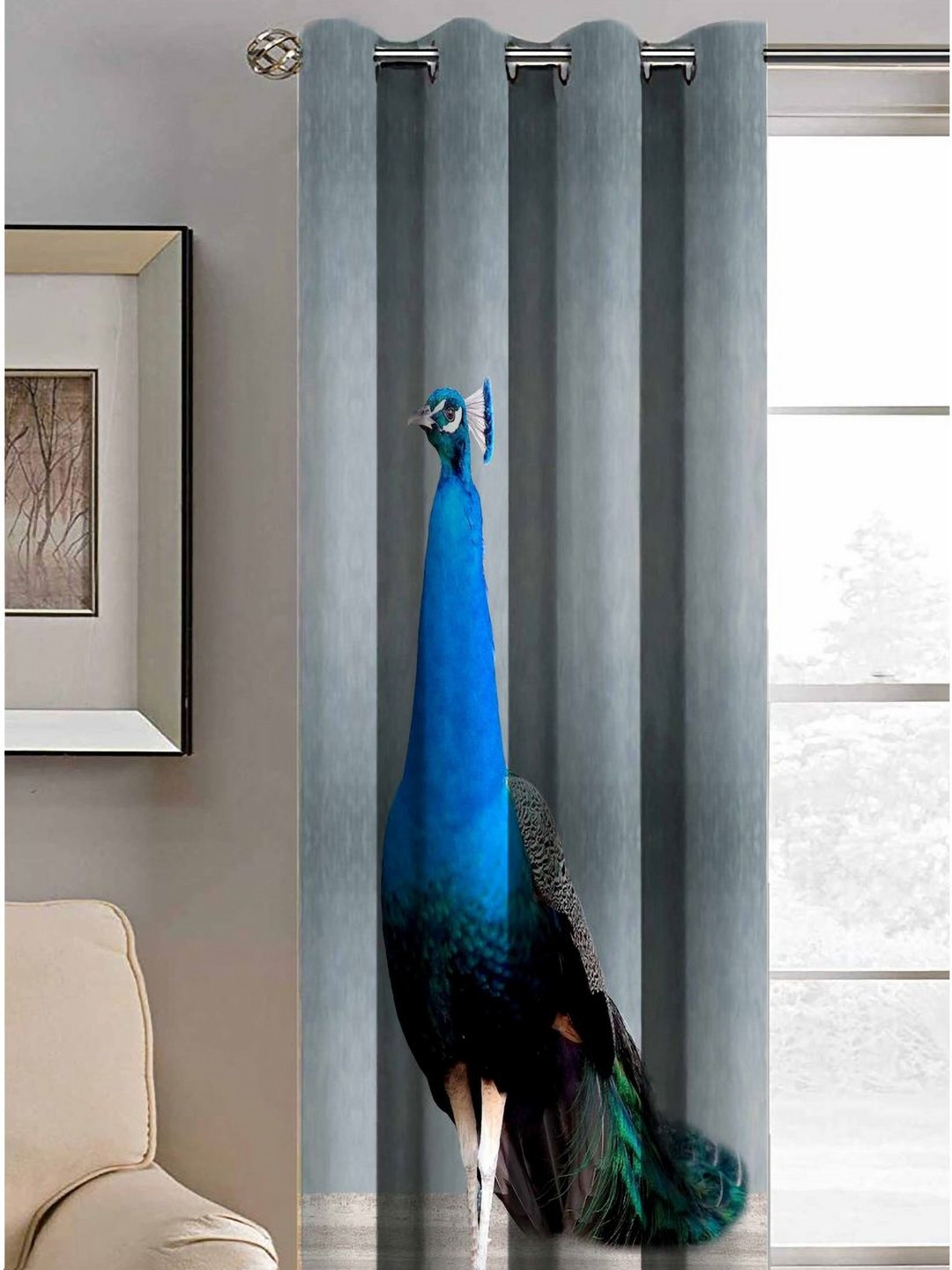 Aura Grey & Blue Peacock Printed Light Blocking Door Curtain