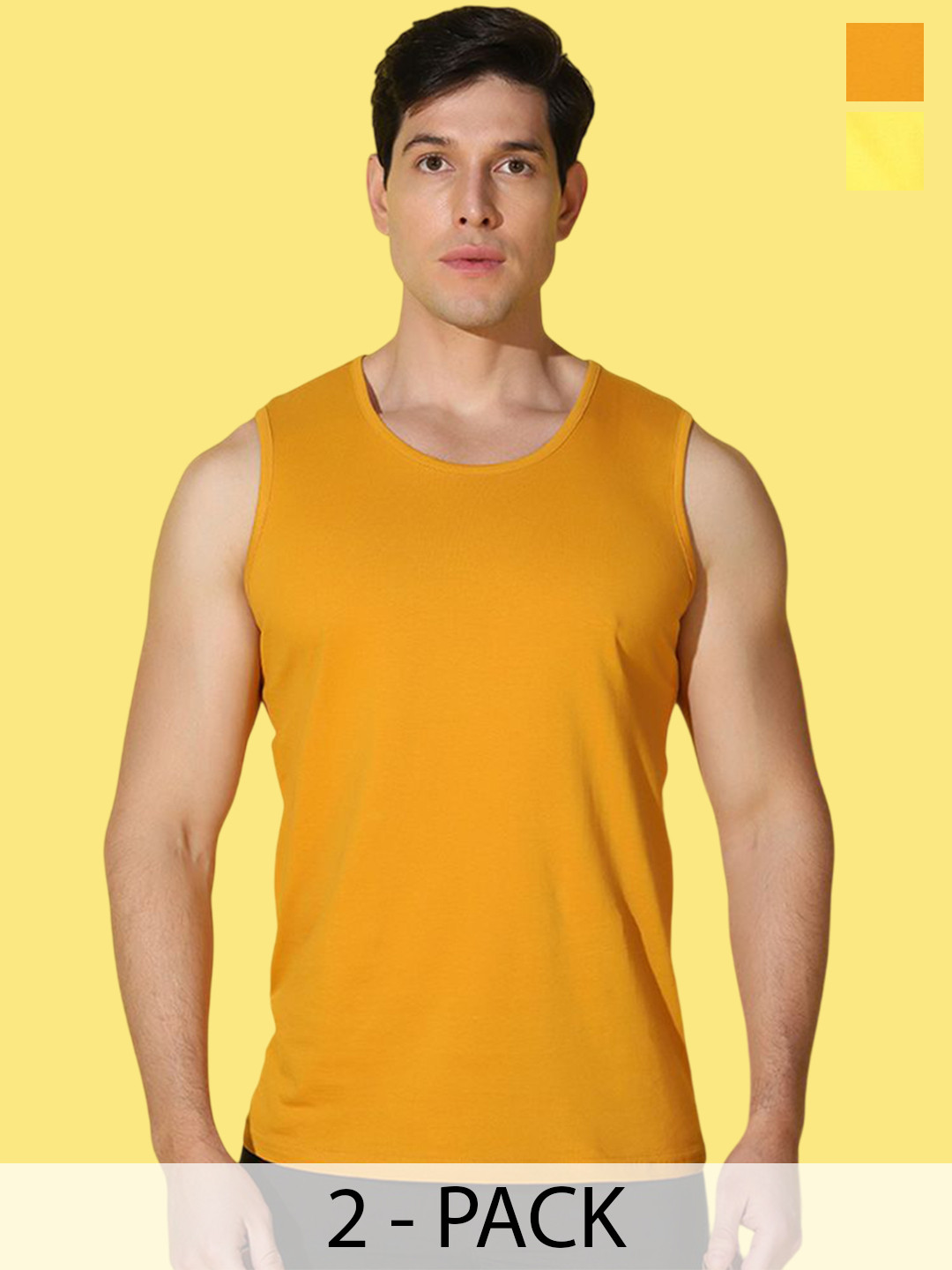 WOOSTRO Pack Of 2 Printed Combed Cotton Gym Vests VWS26(RUN YELLOW)(PLAIN MUSTARD)