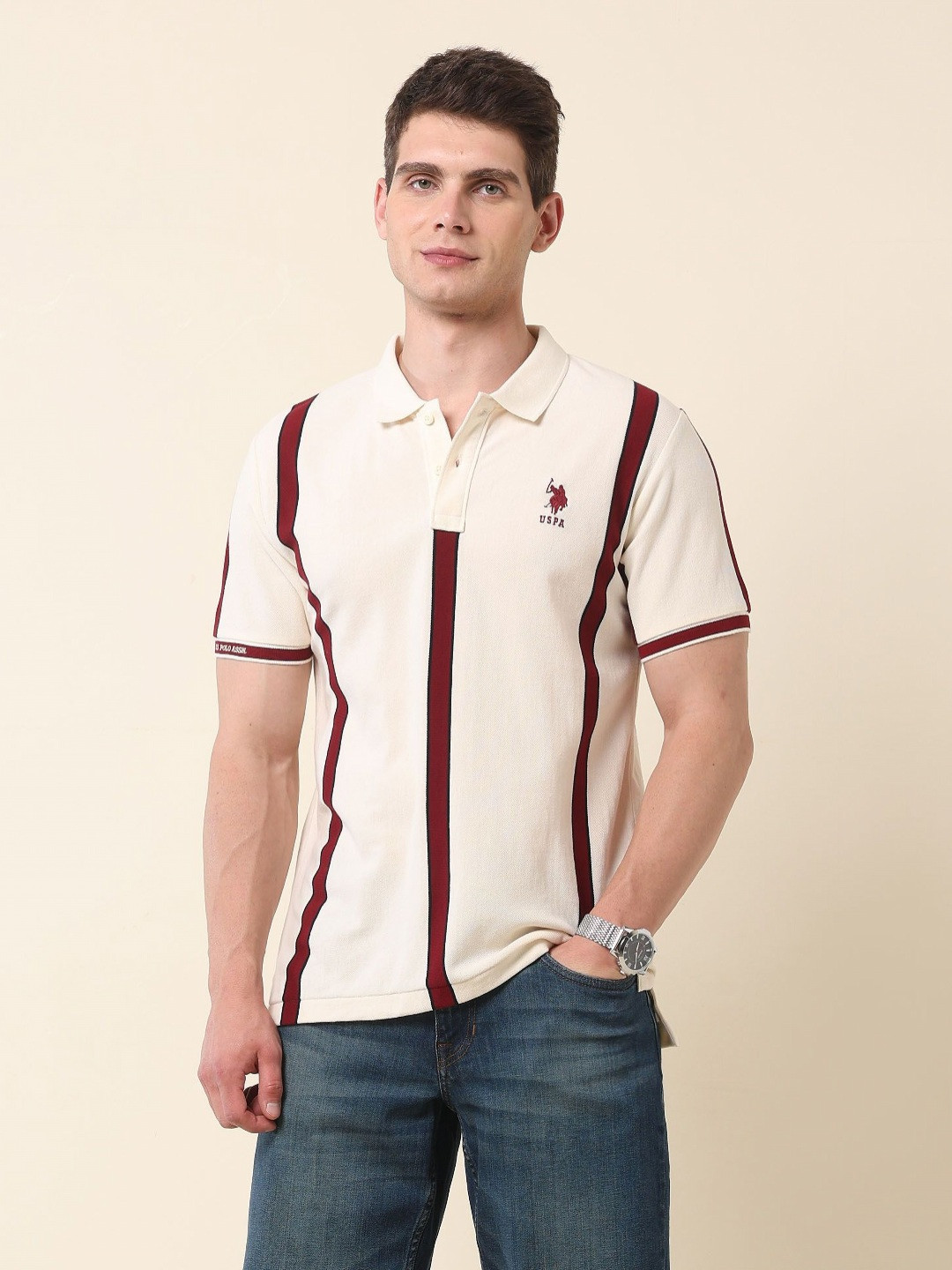 U.S. Polo Assn. Gold Cup Striped Polo Collar Pure Cotton Slim Fit T-shirt