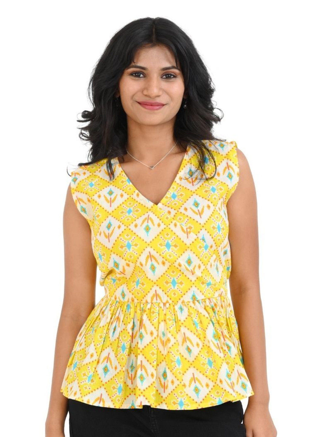 30 Looks Geometric Print Cotton Peplum Top