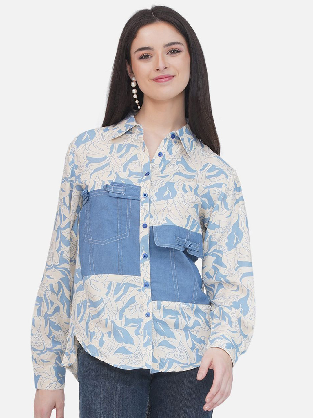bellamia Classic Tailored Fit Floral Printed Pocket Denim Casual Shirt