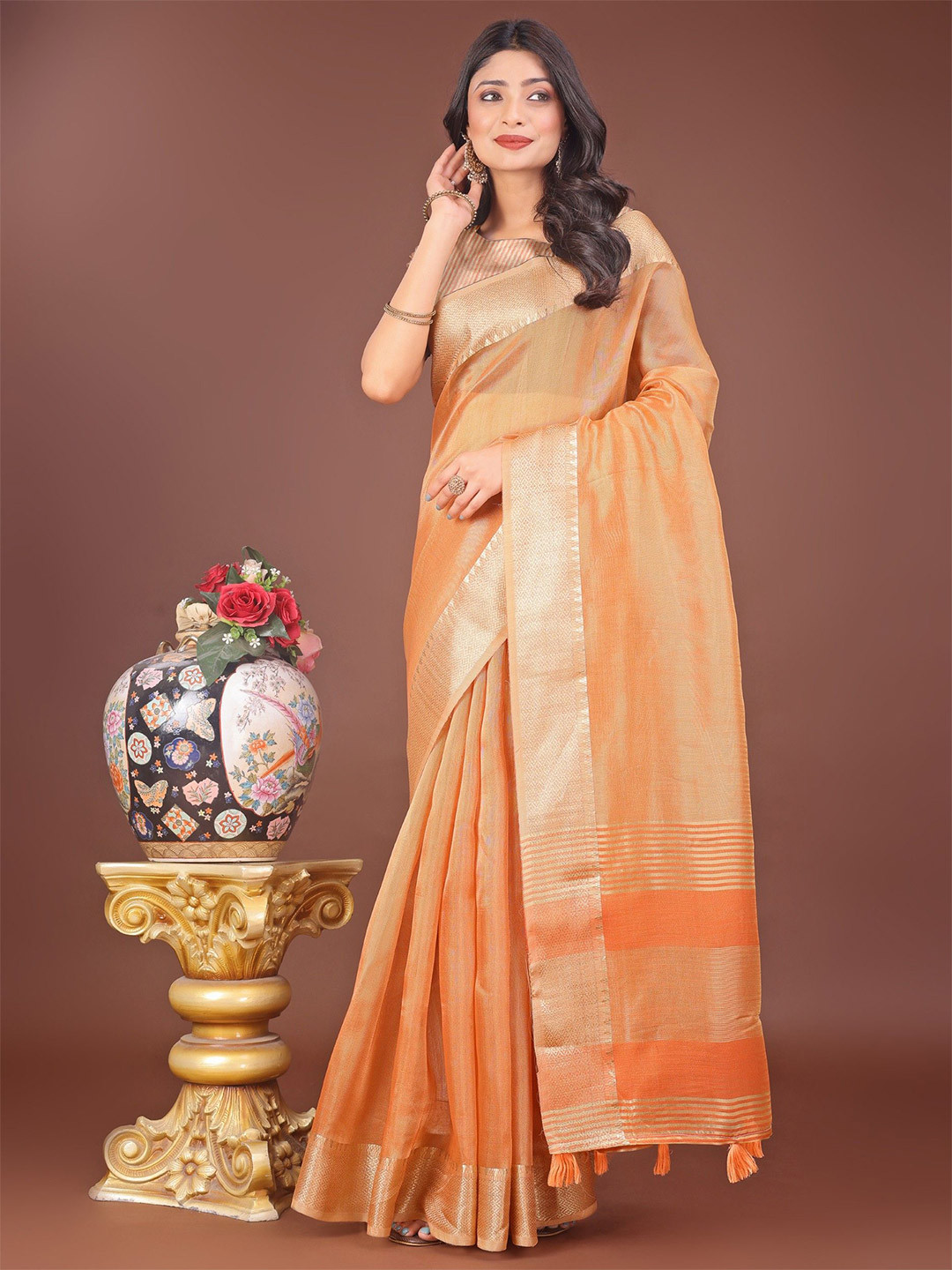 KALINI Women Woven Design Zari Organza Maheswari Saree