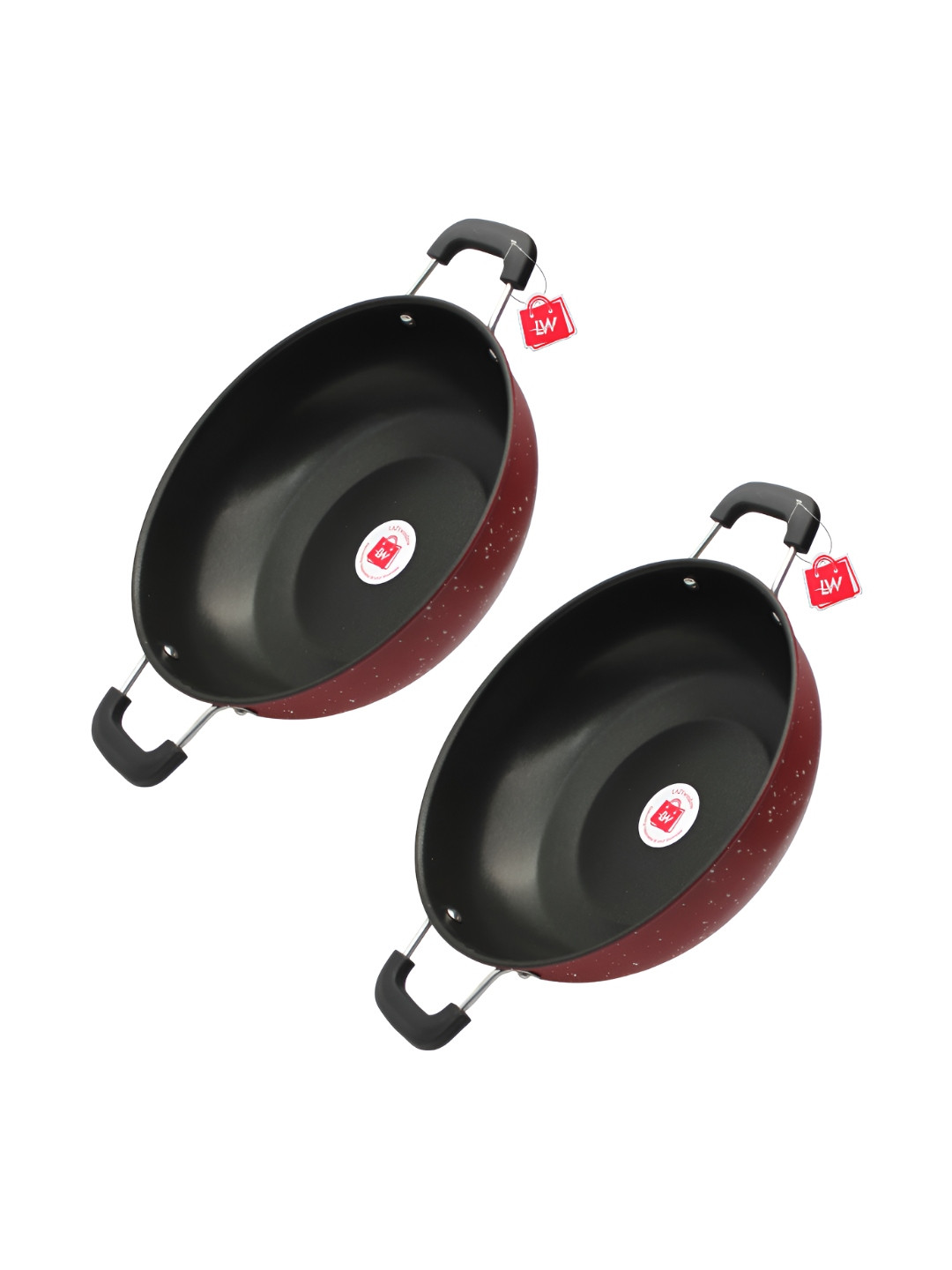 LAZYwindow 2-Pcs Maroon & Black Non-Stick Kadhai and Wok