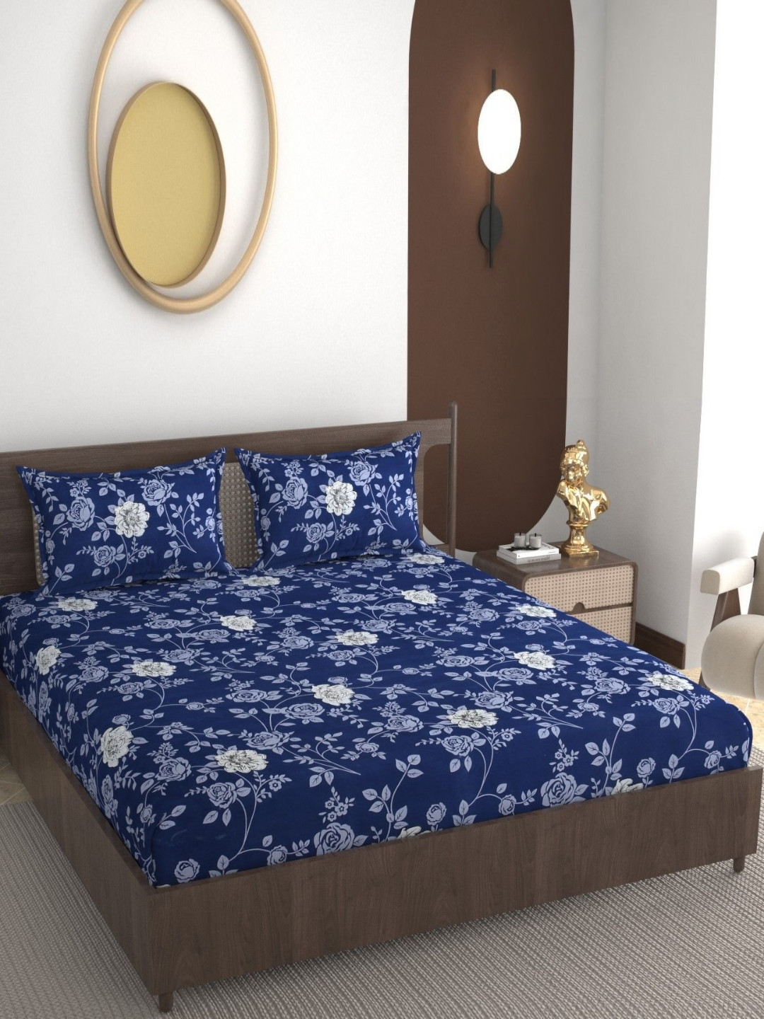 REALDREAM Presents Luxurious Blue Floral Cotton 300 TC Fitted King Fine Bedsheet with 2 Pillow Covers-108 x 108 inches