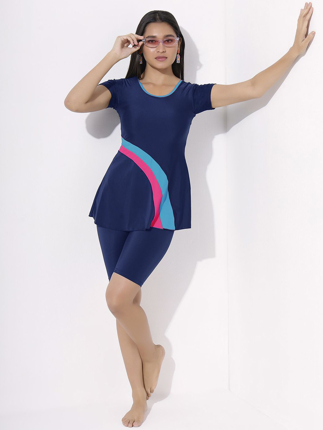 LYCOT Colorblocked Round Neck Swimming Dress With Attached Shorts