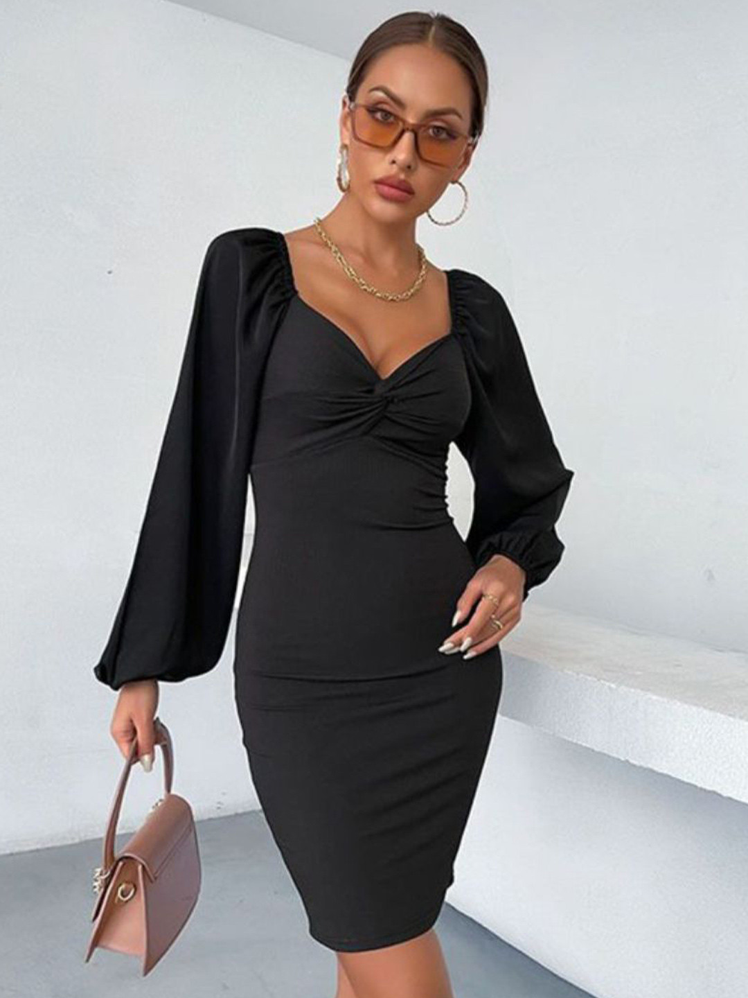 bebe Black Twisted Bust Billow Sleeve Bodycon Mini Dress