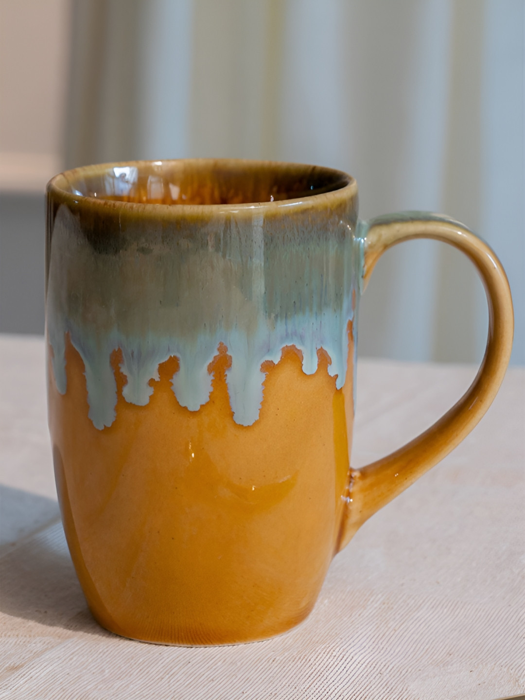 ARAVALII Crystal Engraved Mustard Abstract Ceramic Handmade 2 Piece Mugs-250ml