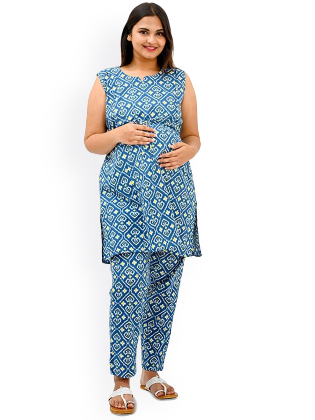 30 Looks Maternity Geometric Printed Pure Cotton Kurta with Trousers