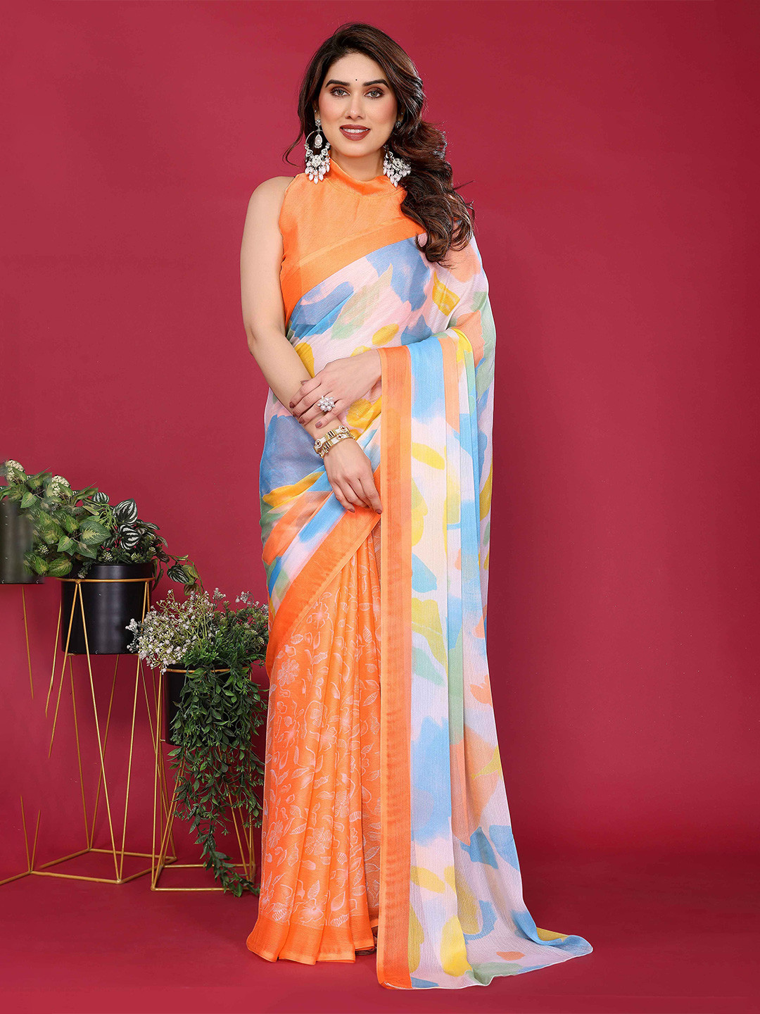 Peachmode Printed Pure Chiffon Saree & Blouse Piece