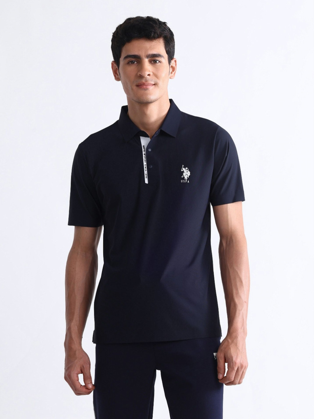 USPA Sport Men Polo Collar Applique Slim Fit T-shirt