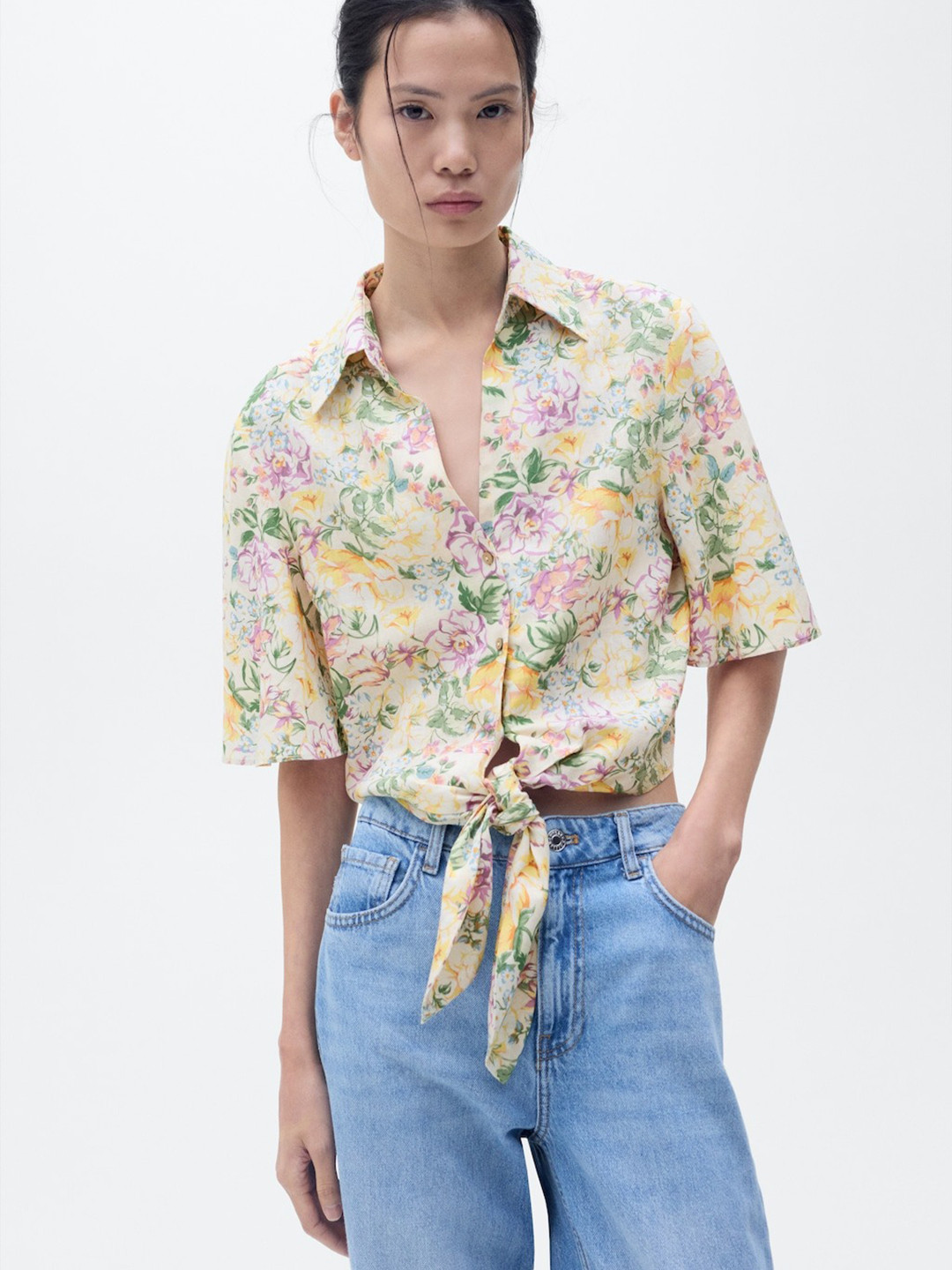 MANGO Floral Print Tie-Up Detail Drop-Sleeves Crop Casual Shirt