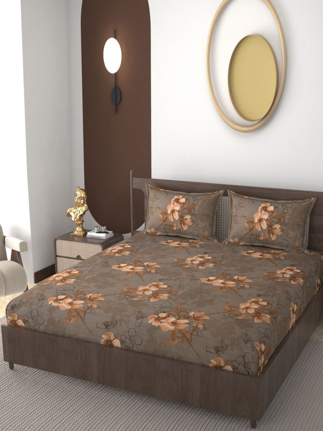 REALDREAM Presents Luxurious Grey Floral Cotton 300 TC Fitted King Fine Bedsheet with 2 Pillow Covers-78 x 72 inches