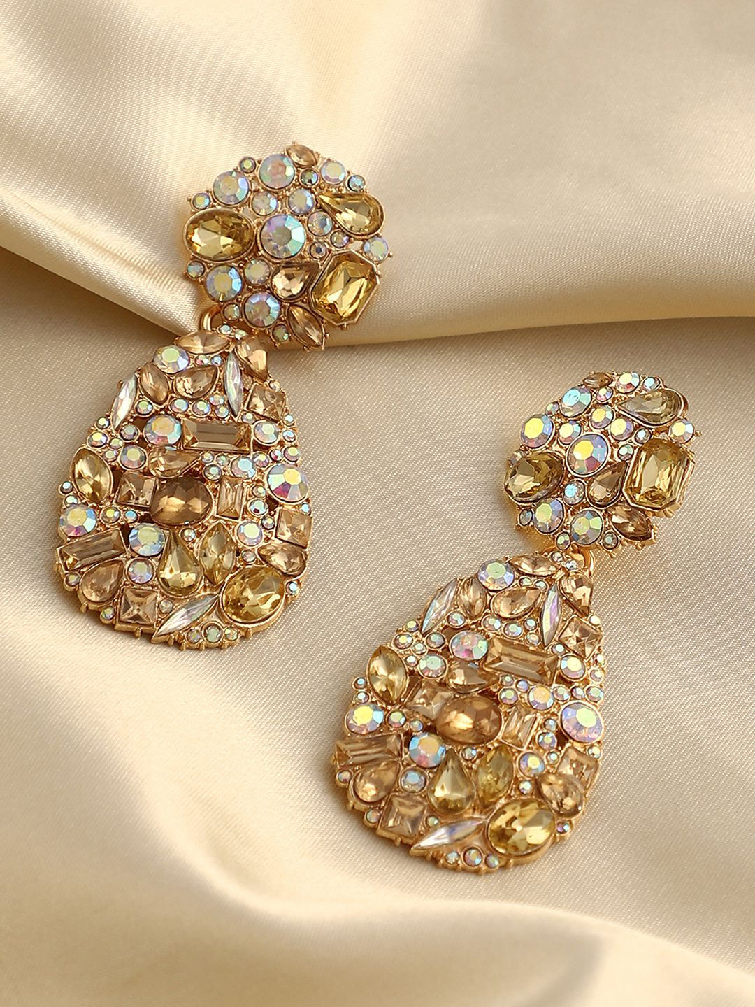 SOHI California Gold-Plated Stone Studded Teardrop Shaped Aqua Regia Drop Earrings