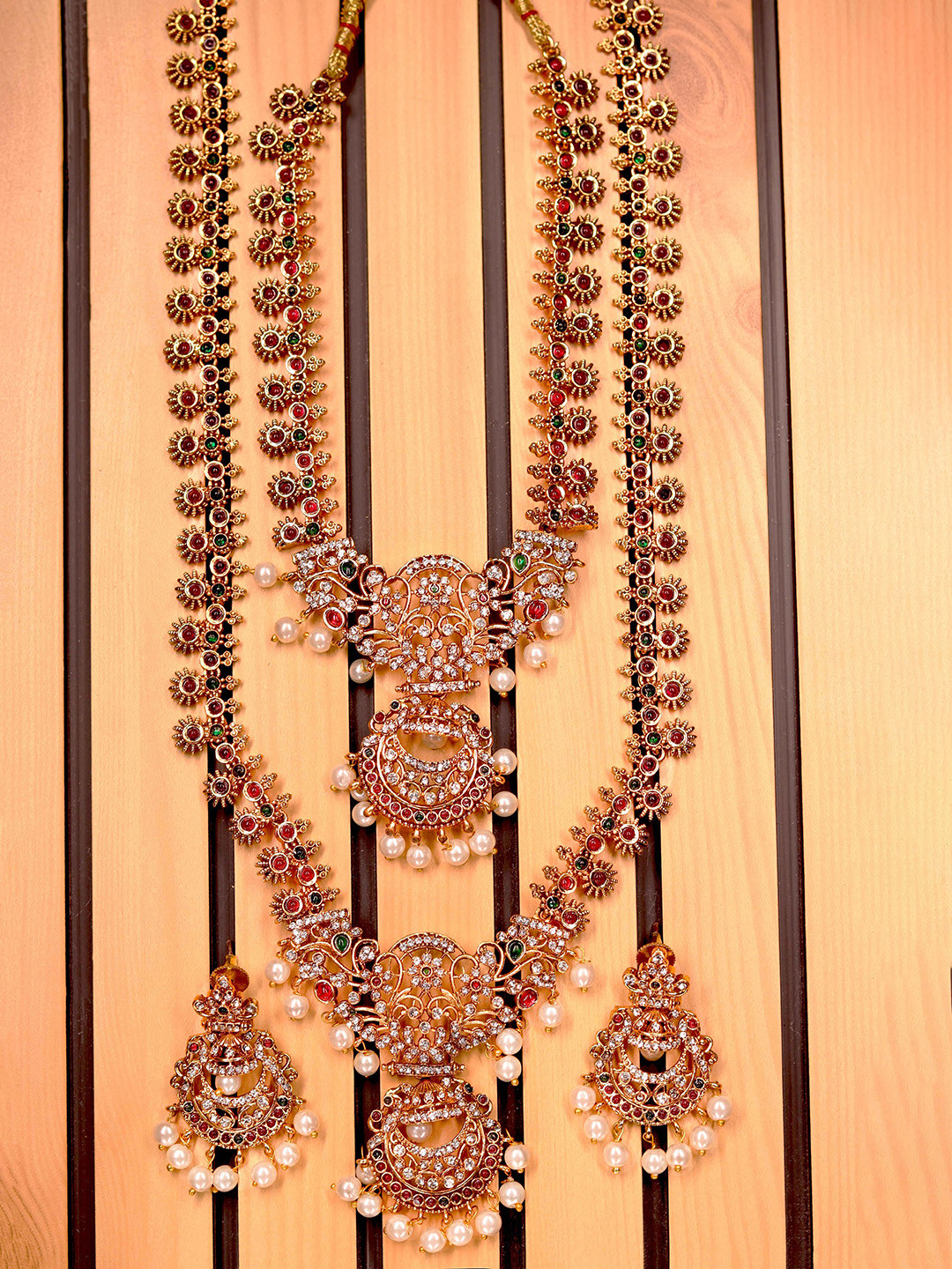 GOLD CASH Gold Plated Stones Studded & Beaded Temple Jewellery Set