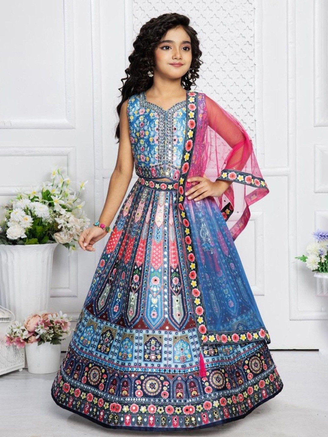 NKV Girls Printed Ready to Wear Lehenga & Blouse With Dupatta