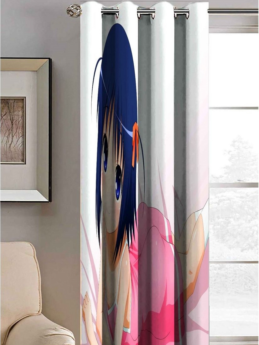 Aura White & Pink Doll On Bed Printed Light Blocking Long Door Curtain