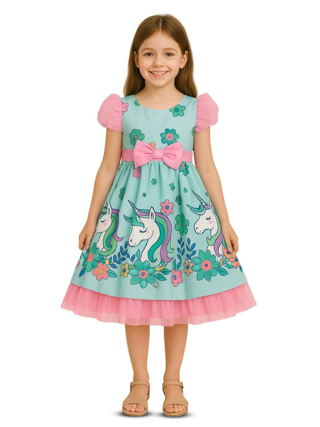 My Lil Princess Kids Girls Cartoon printed Puff Sleeve A-Line Midi Dress