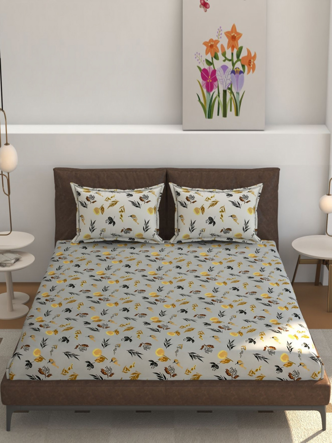 REALDREAM Presents Luxurious Grey Floral Cotton 300 TC Fitted King Fine Bedsheet with 2 Pillow Covers-78 x 72 inches