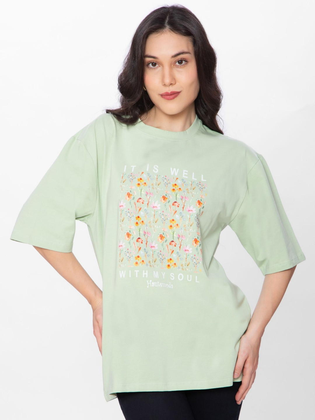 HAUTEMODA Graphic Printed Round Neck Short Sleeves Oversized Cotton T-shirt
