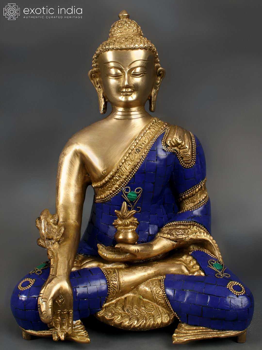 Exotic India Tibetan Buddhist Deity Lapis Buddha Of Healing Gold Brass Metallic Prayer Room Medium Showpiece - 11 Inches
