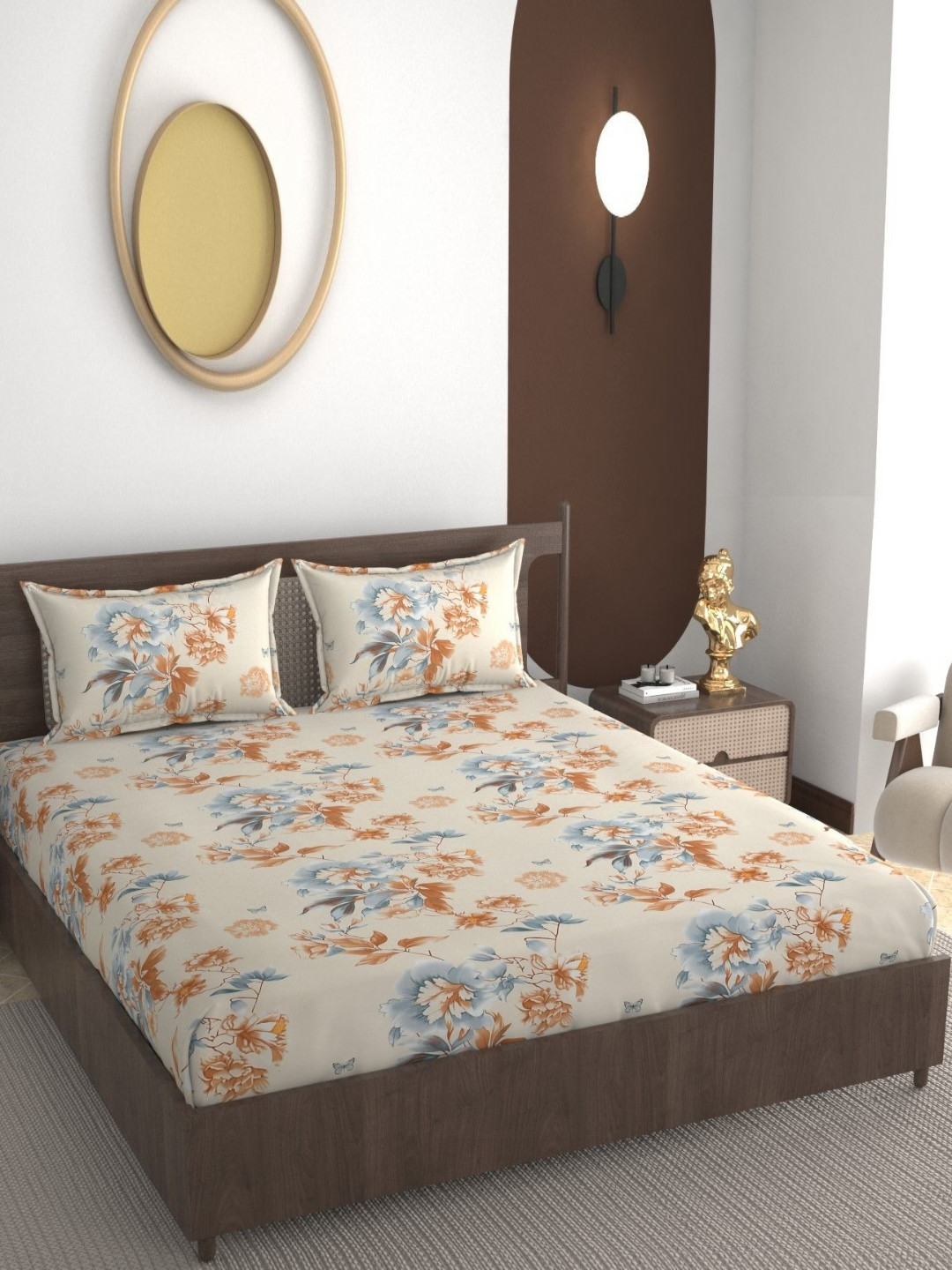 REALDREAM Presents Luxurious Cream Leaf Cotton 300 TC Fitted King Fine Bedsheet with 2 Pillow Covers-78 x 72 inches
