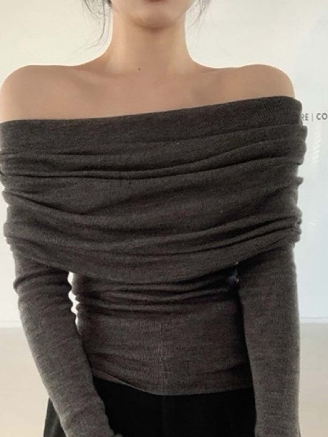 Outzidr Charcoal One Shoulder Flat Knit Top