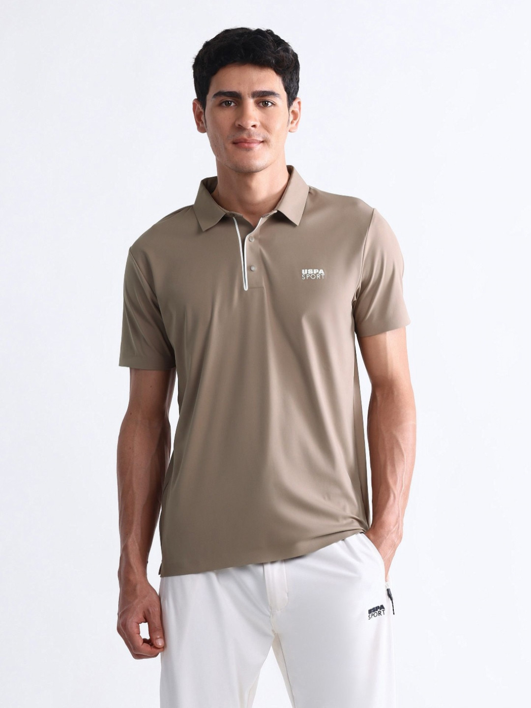 USPA Sport Men Polo Collar Applique Slim Fit T-shirt