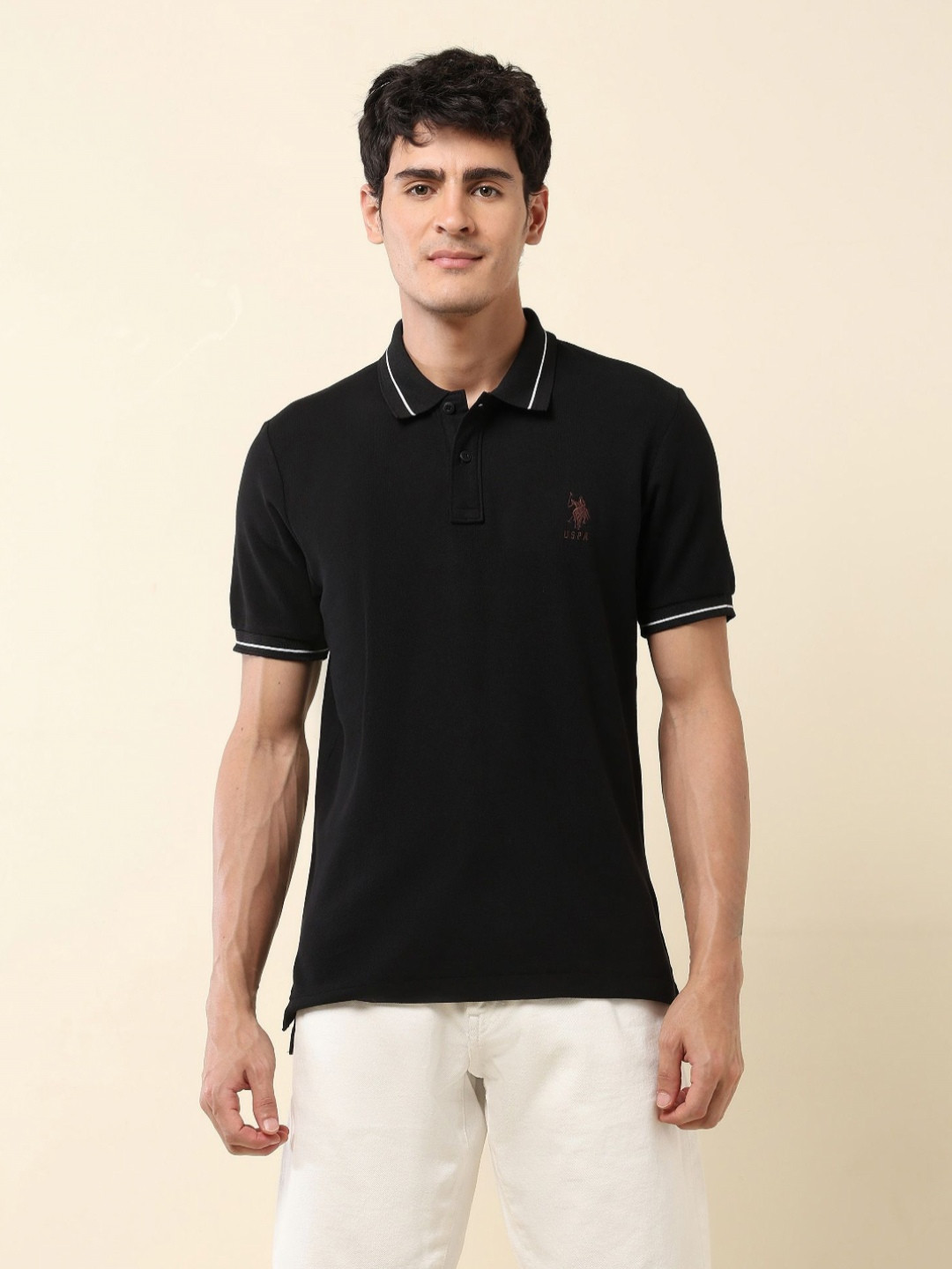 U.S. Polo Assn. Men Solid Modern Monochrome Polo Collar Cotton T-shirt
