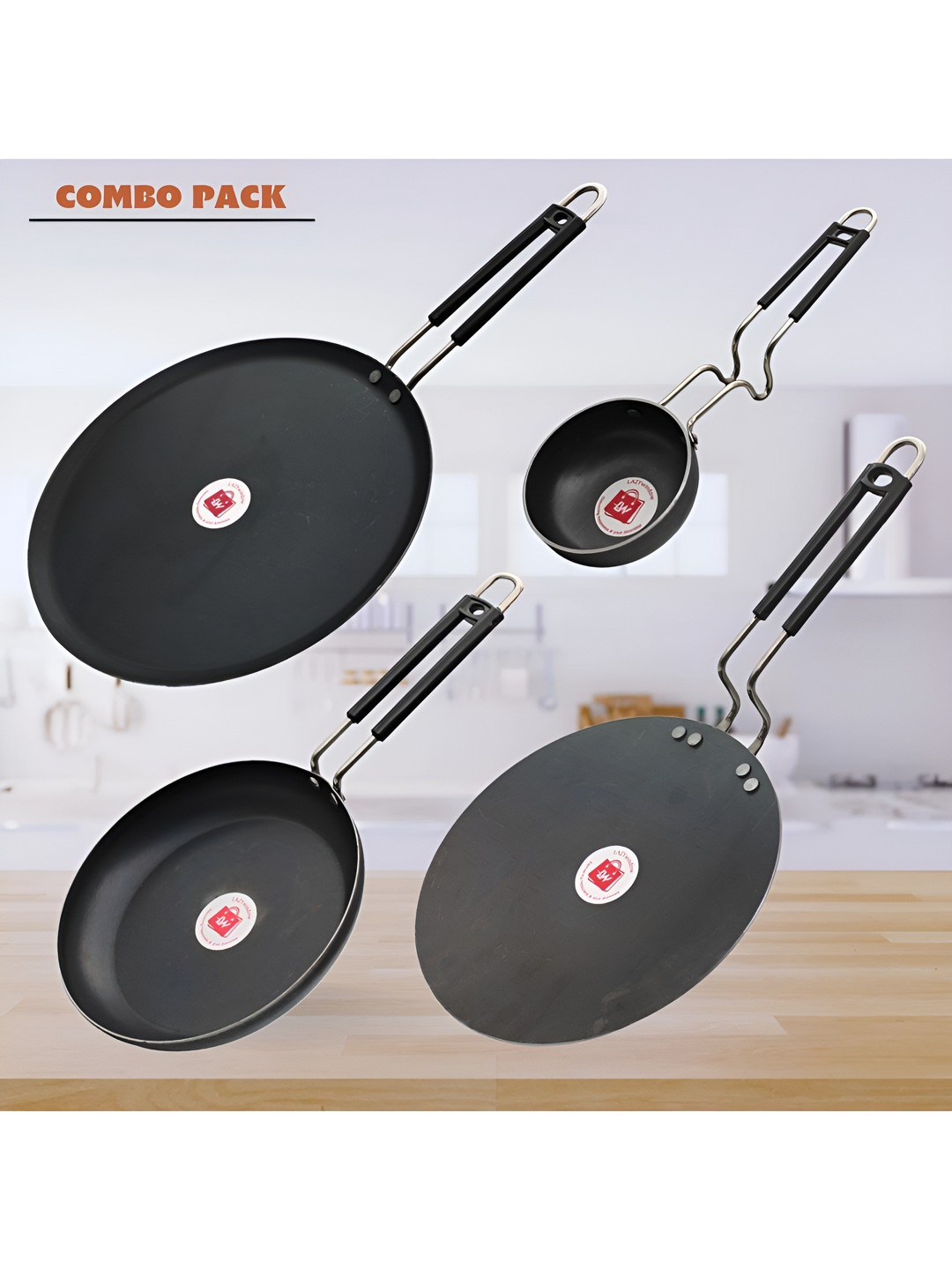 LAZYwindow Black 4 Pieces Iron Tawa, Tadka Pan And Fry Pan