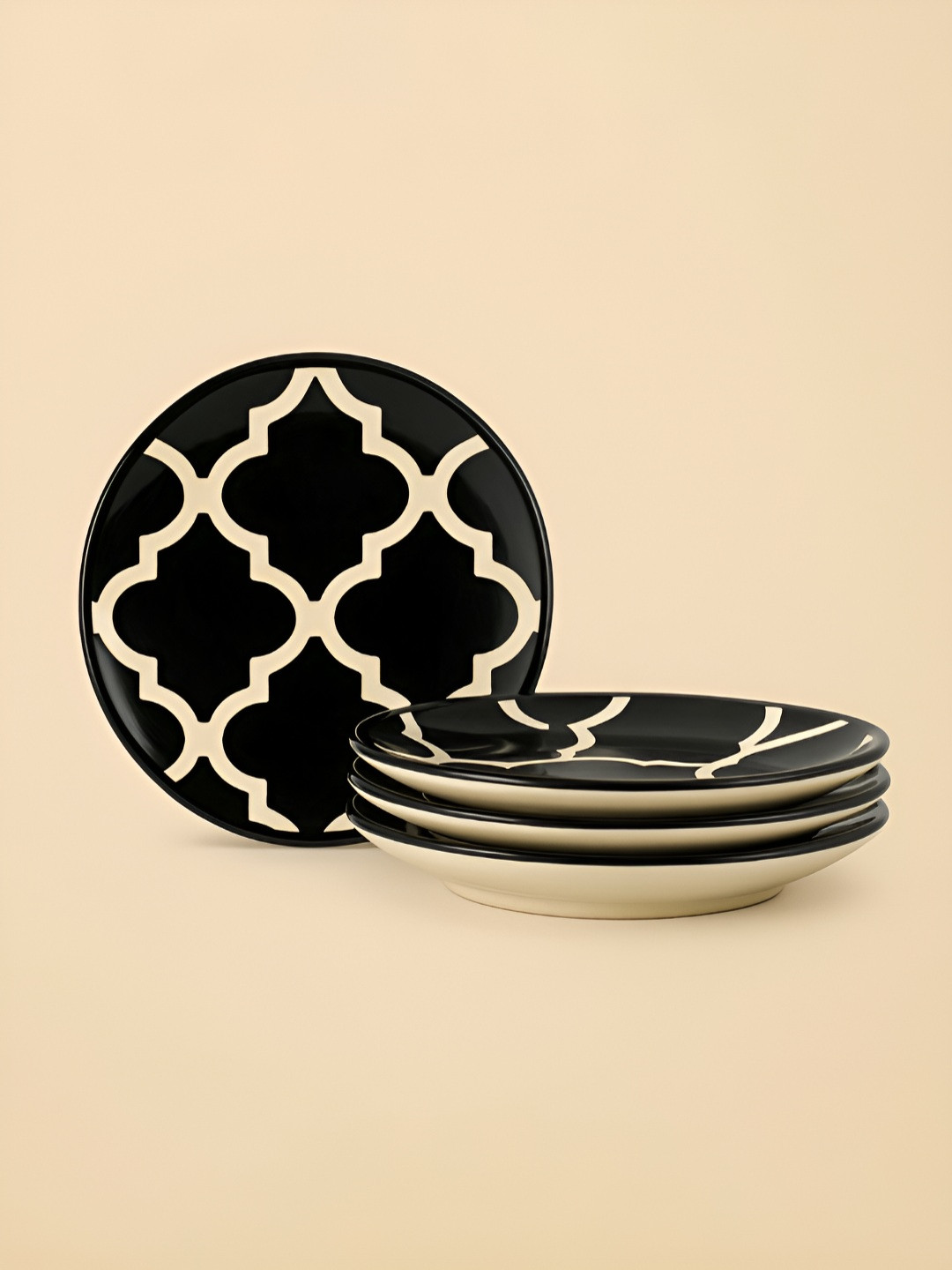 Myntra Elegant Homes Black And White 4 Pieces Ethnic Motifs Printed Ceramic Glossy Plates
