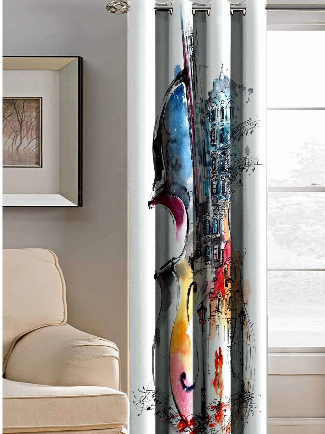 Aura White & Black Guitar Printed Light Blocking Long Door Curtain