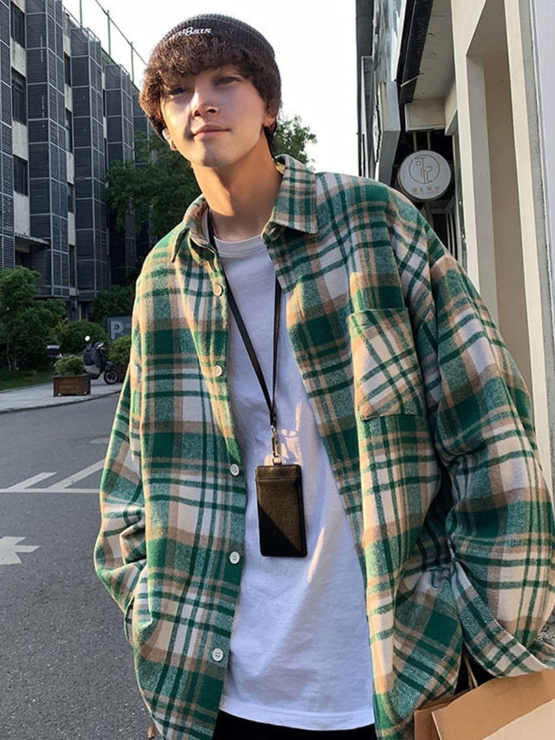 KPOP Men Original Oversized Regular Fit Tartan Checked Spread Collar Cotton Casual Shirt
