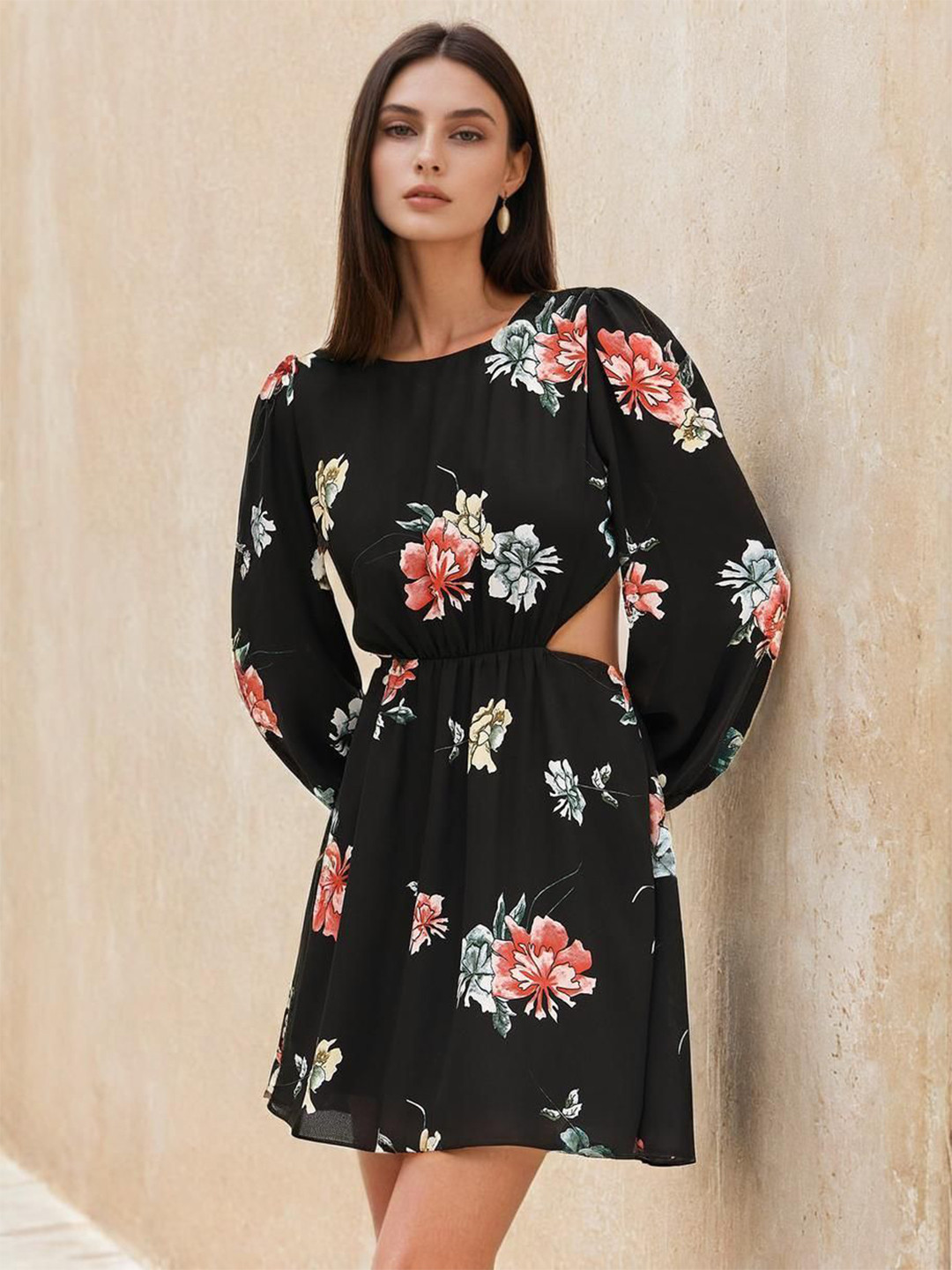 Black Floral Print Mini Dress with Puff Sleeves