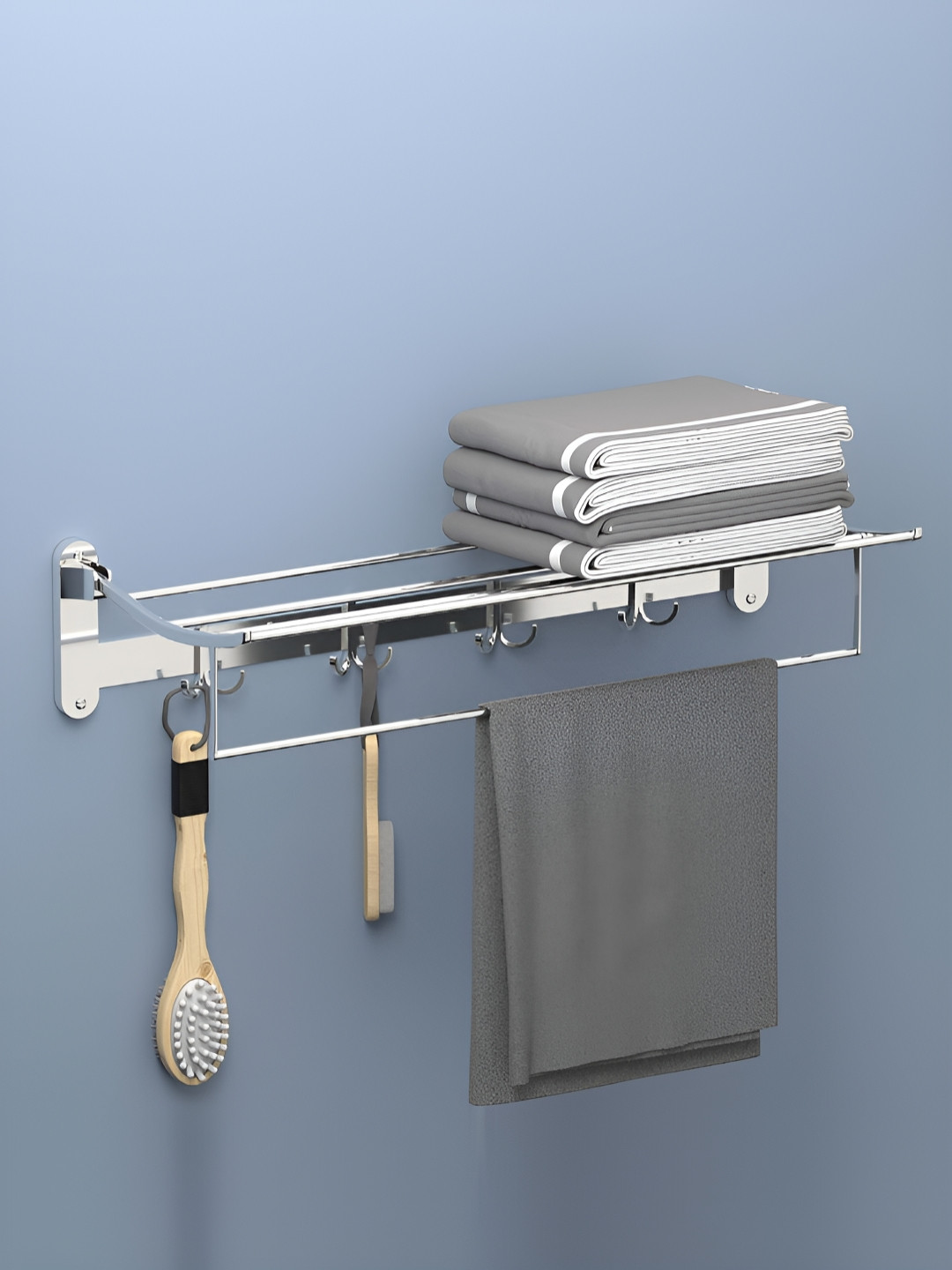 Myntra Elegant Silver-Toned Stainless Steel Towel Rod With Adjustable Hooks