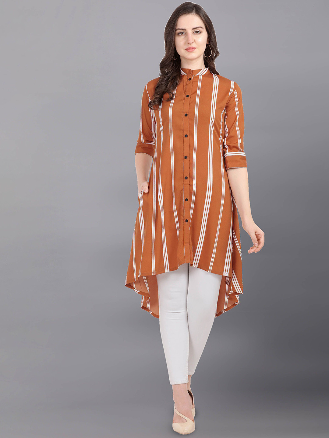 Fashfun Women Vertical Stripes Mandarin Collar High-Low Longline Tops