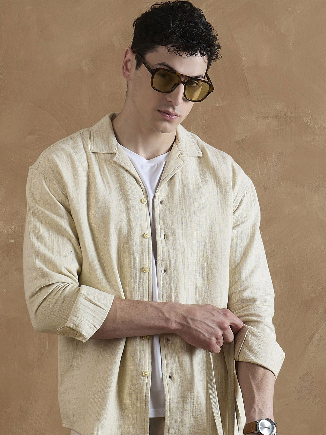 DENNISON Beige Double Gauge Self Design Oversized Shirt