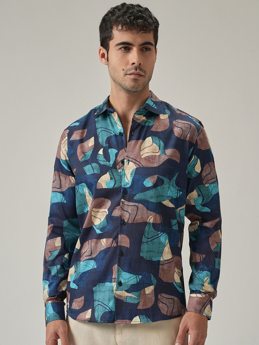 Banana Club Men Navy Blue Mosaic Print Shirt