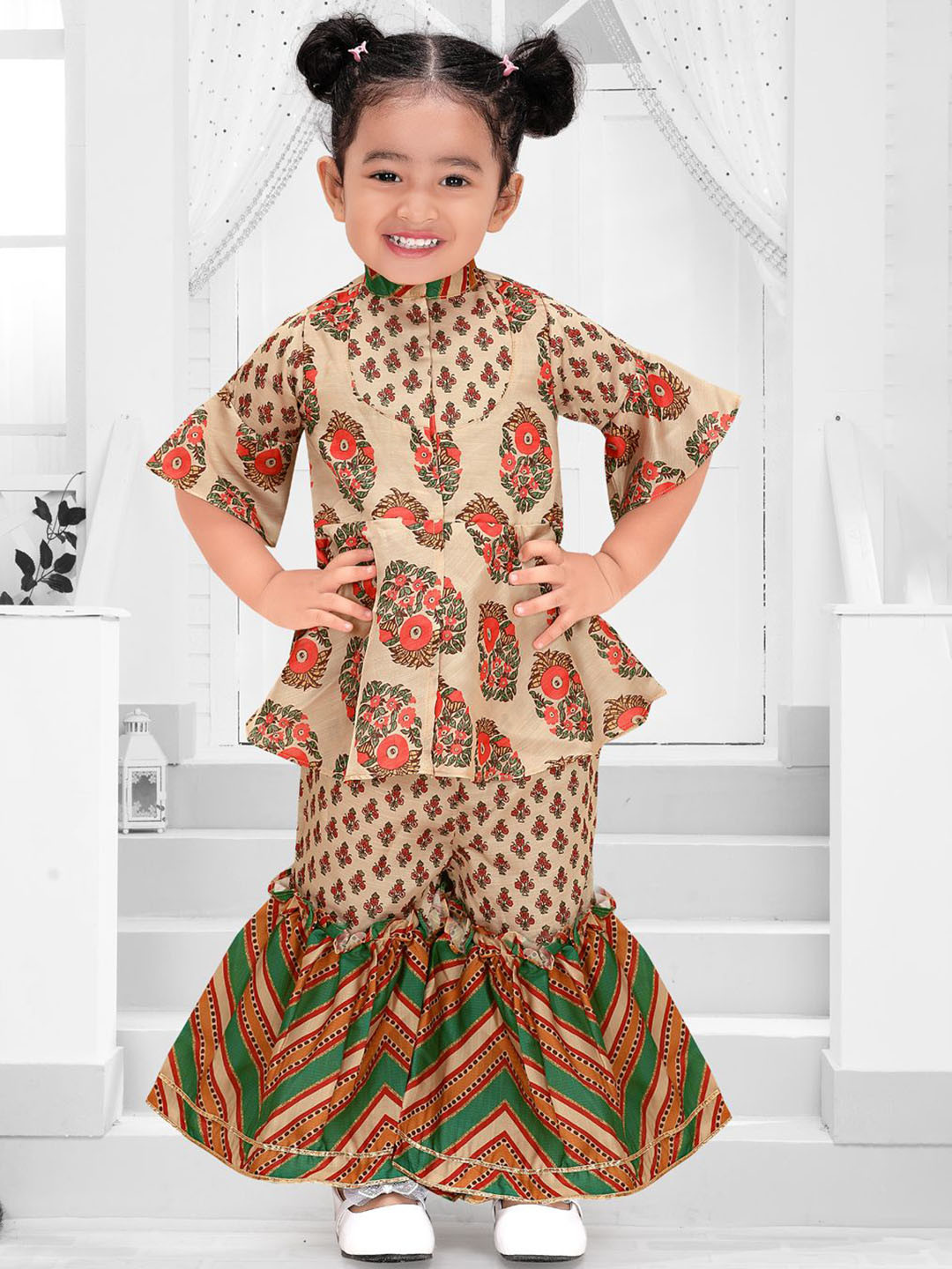 Pragya Exclusive Girls Floral Printed A-Line Satin Kurta with Sharara