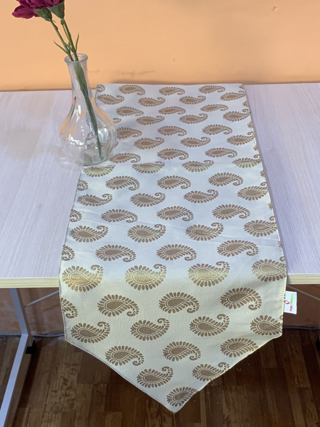 Pink Parrot White Printed Jacquard Silk Table Runner With Tassels