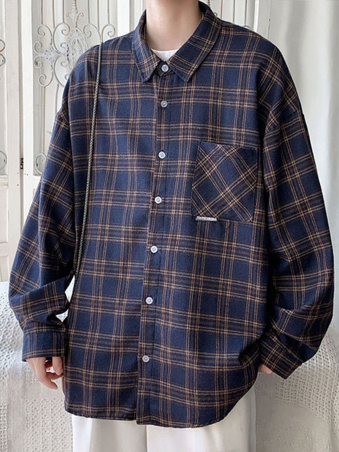 Navy Blue Oversized Tartan Checks Casual Shirt