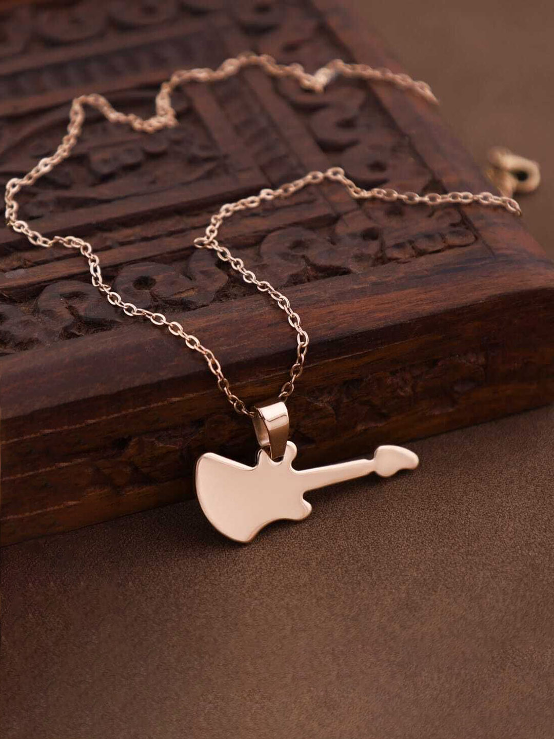 SZN Men Rose Gold-Plated Guitar Shaped Pendant with Chain