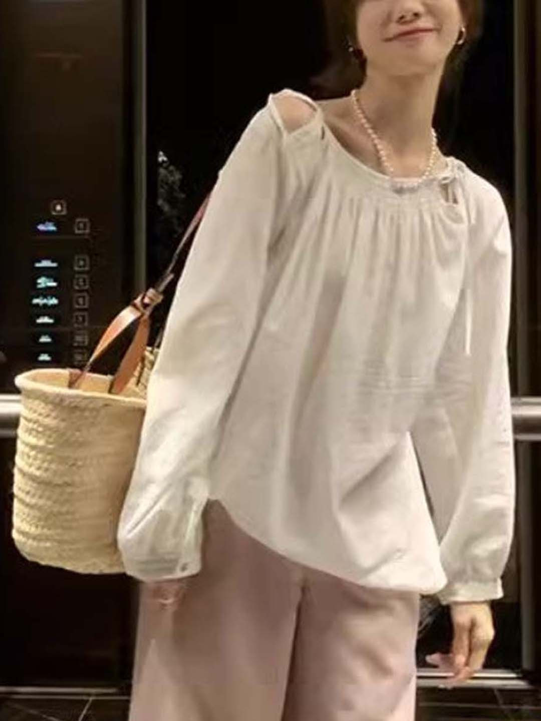 Outzidr White Cold Shoulder Tie Up Top